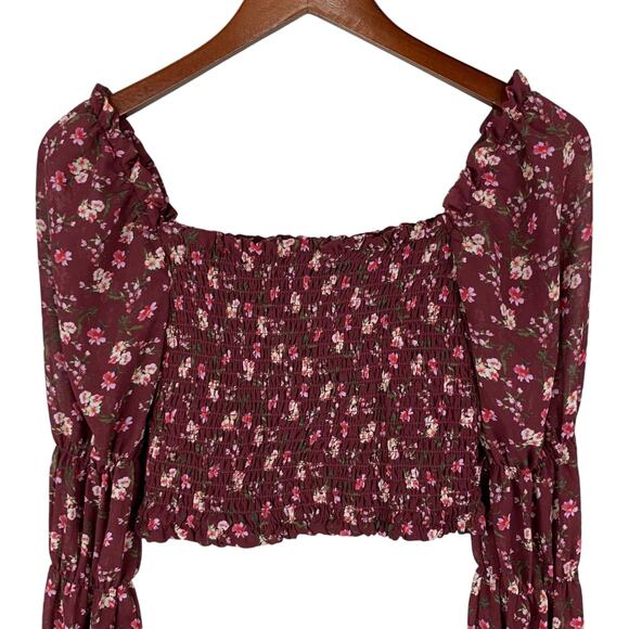 Wild Fable Blouse Cropped Smocked Long Puffy Sleeves Red Floral Boho Women's S - Picture 2 of 9